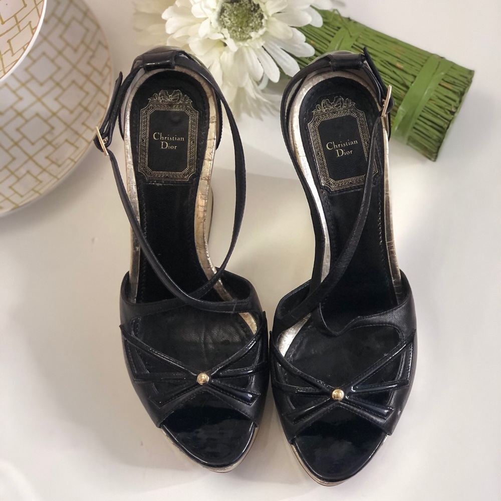 Dior Black Patent Leather Peep-Toe Wedge Sandals with Gold Stud